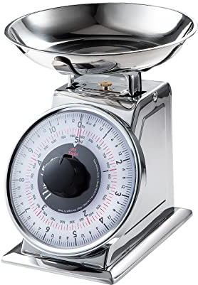Tada 11lb Analog Mechanical Kitchen Weighing Food Scale with Bowl, Tare Function, Retro Style, Stainless Steel