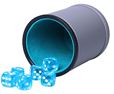 Dice Cup Set PU Leather and Felt-Lined, Quiet Shaking for Yahtzee Farkle Liars Dice Games, Includes Six 16mm Regular Dice