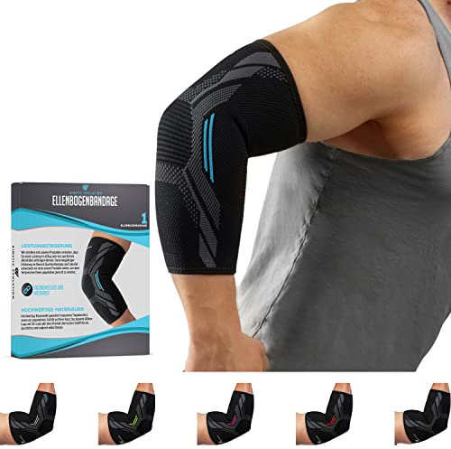 KINETIC EVOLUTION Ellenbogenbandage für Damen und Herren – Elastische Kompressionsbandage, rutschfester Halt, atmungsaktiv, ideal für Sport, Fitness, Tennis, Golf, Alltag. (M, Blau)
