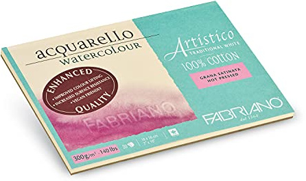 Fabriano Artistico Acquarello Watercolour, Natural White, Satin Hot Pressed, 18 x 26 cm, 20 Sheets 300 g/m², Artist Watercolour Cardboard, Glued on 4 Sides, Vegan