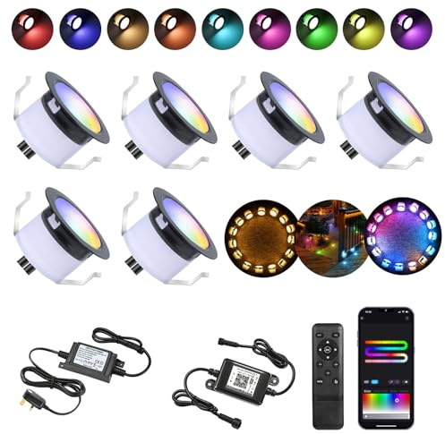 RGB LED Decking Lights,WiFi LED Deck Light (RGBIC+WW) IP67 Waterproof Ø31MM 12V Work with Alexa/Google Assistant,Plinth Deck Lights colorful Chasing Effec for Yard,Garden,Patio,Stair Decor-6 Pack
