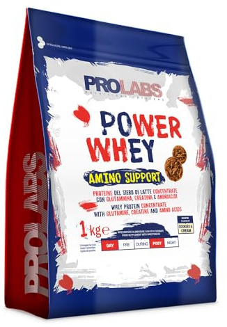 PROLABS – Proteine in Polvere POWER WHEY AMINO SUPPORT Concentrate Ricche di Aminoacidi Essenziali e BCAA, Whey Protein + Creatina, Glutammina, Vitamina B6 Crescita, Forza, Recupero 1kg, Cookies&Cream