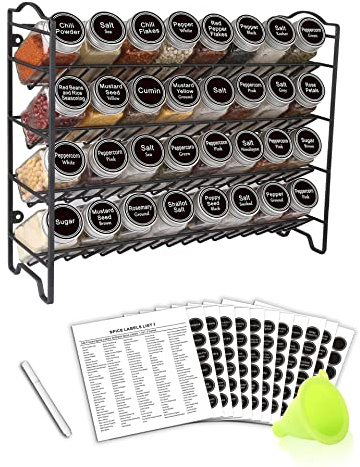 SWOMMOLY Spice Rack Organizer with 32 Glass Spice Jars, 396 Spice Labels, Chalk Marker and Funnel Complete Set, for Cabinet, Countertop, Cupboard or Wall Mount, Black