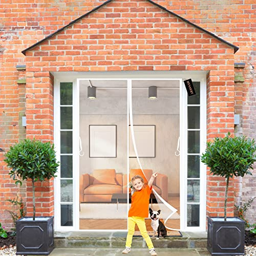Magnetic Fly Screen Door 170x200cm White Heavy Duty Mesh Curtain with Powerful Magnets and Full Frame Magic Tape Easy to Install Gluing Without Drilling for French Door