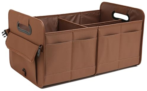 AOKJOY Bil bagageutrymme organisatör, brun, vikbar, halkfri, justerbar, flera fack, 600D Oxford-tygmaterial