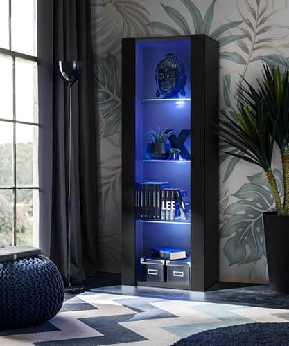 Komodee, Vitrine Schrank Tivoli, Schwarz/Schwarz, Breite 55cm x Höhe 159cm x Tiefe 35cm, LED Blau, 3 Regalböden, Glassvitrine für Wohnzimmer, Schlafzimmer, Eingang