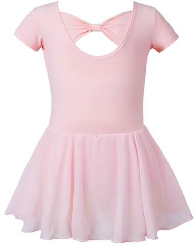 Invalidism Pink Girls Ballet Dress Short Sleeve Ballet Outfit Gymnastics Ballet Dance Leotard With Bow Cotton For Girls 3-10 Years(110CM)