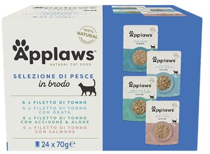 Applaws 100% Natural Comida Húmeda para Gatos, Bolsa Multipack Selección de Pescado en Caldo - Paquete de 24 Bolsas de 70 g