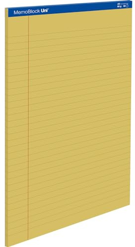 Unipapel, Confezione da 5 blocchi di note legali A4, 50 fogli, a righe 8 mm con margine, carta 60 g, colore giallo, fogli microforati, 29,5 x 21 cm, controstrato resistente in cartone, MemoBlock Uni