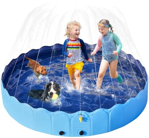 Yaheetech Splash Pool with Sprinkler for Kids/Dogs Paddling Pool, Outdoor Foldable Dog Swimming Pool Water Sprinkler for Kids Garden/Water Play Toys 160cm, Blue