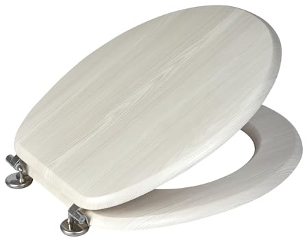 Showerdrape White Oak MDF Toilet Seat with Chrome Coloured Stainless Steel Hinges Oxford