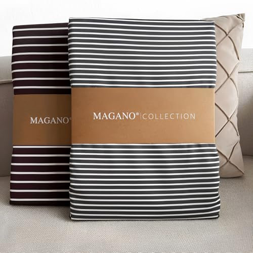 MAGANO® Luxus Spannbettlaken 200x220 Streifen Grau/Weiß | Für Boxspringbett Topper | Bambus & Baumwolle Satin | 400 TC Premiumqualität | Spannbetttuch Bettlaken 200x220 cm | Off-White