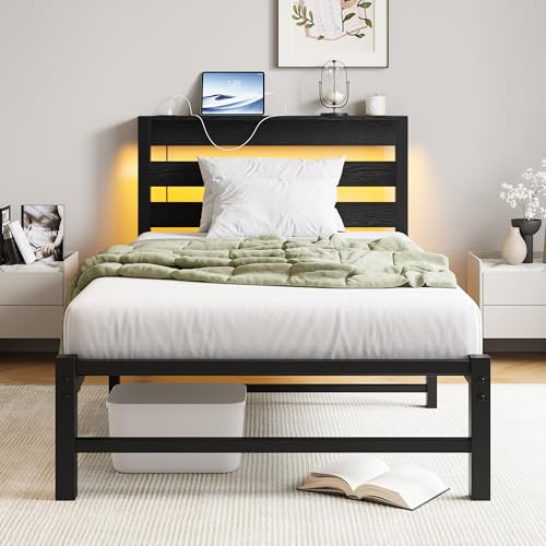 VERFARM Estructura de cama de 90 x 200 cm con LED, cama de metal con estación de carga USB y cabecero de madera con espacio de almacenamiento, cama de invitados, cama individual con somier de láminas