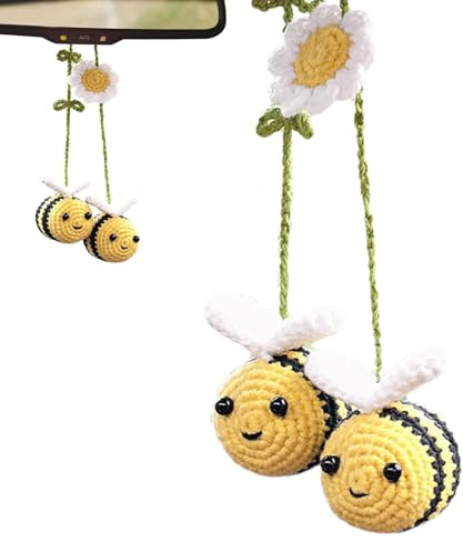 Abeille au crochet Ornement de voiture Pendentif en tricot de fleur d'abeille Crochet Décoration suspendue de voiture avec abeille Accessoires de voiture Support de voiture Décorations