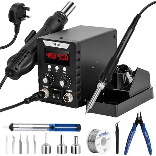 2 in 1 Hot Air Rework Soldering Station,700W Hot Air Gun Station LED Digital Soldering Iron Station Kit with Digital Temperature Correction Sleep Mode 5 Soldering Tips 3 Hot Air Nozzle