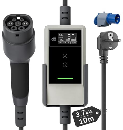 dé Chargeur Voiture Electrique 3,7kW [10m, 6/8/10/13/16A] Cable Recharge Voiture Electrique Type 2 avec Support Mural, Numérique LCD, Compatible avec E-208, Model Y, 500e et Autres EV/PHEV, Blanc