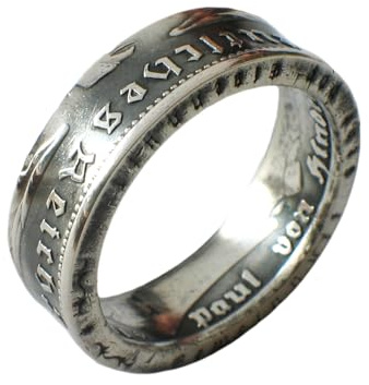 Generisch Münzring 5 Reichsmark 1935-1936 Hindenburg, original Münze Silber 900 im Vintage Finish + Schmuckbeutel - Silberring Handgefertigt in Deutschland, Herren Ring Damen (72 - Ø 22,9 mm)