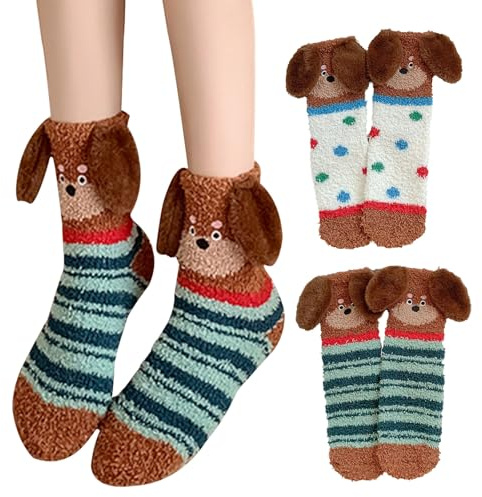 KASESSS 2 Pairs Fluffy Socks Womens, Thermal Socks, Dachshund Bed Sock, Slouch Sock Cotton Knit Long Tube, Cozy Breathable Gifts for Women Ladies Girls for Sports, Leisure and Parties, Cute Cartoon