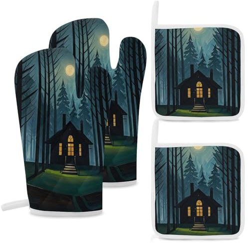 4 Pcs The Black Hut Oven Mitt and Pot Holder Set, Heat Resistant Long Oven Gloves & Hot Pads with Hanging Loop for Cooking Baking BBQ, Ideal Kitchen Gift for Cooks Bakers