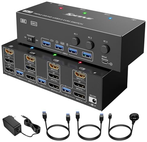 KVM Switch 3 Monitors 3 Computers HDMI + DisplayPort, KCEVE 8K USB 3.0 DP KVM Switcher, 8K@30Hz/4k@144Hz Triple Monitor DP KVM for 3 PC Share 3 Display and 4 USB 3.0 Devices