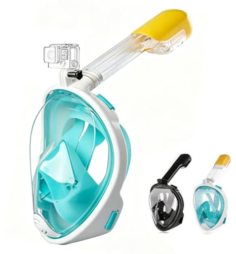 Full Face Snorkel Mask, 180° Panoramic View Snorkeling Gear, Compatible with Sports Camera, Diving Mask with Anti-Fog & Anti-Leak Technology for Adults and Kids (Green, S-M)