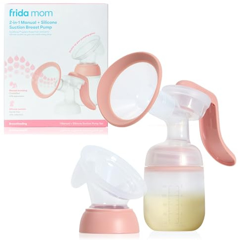 Frida Mom 2-in-1 Breast Pump: Manual Hand Pump & Hands-Free Automatic Suction Cup, Dual-Mode, Wireless Milk Collector, Ergonomic Handle, SoftFeel Flange for Breastfeeding