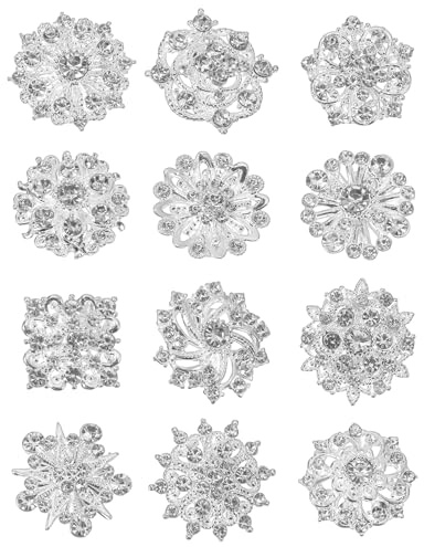 Nogeqi 12 Stück Kristall Strass Broschen für Kleidung, Silber Brosche Damen Strass Blume Brosche Klein Broschen & Anstecknadeln für Damen Braut Hochzeit Bouquet Brooch Corsage Kleid