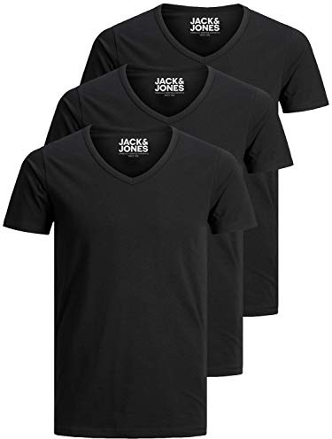Jack & Jones Lot de 3 t-shirts basiques à col en V pour homme, Couleur unie, Coupe slim, en blanc, noir, bleu, gris