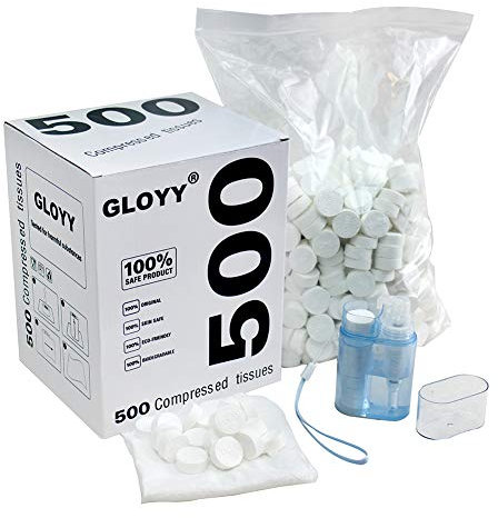 GLOYY Soft Compressed Towels Biodegradable Mini Coin Tissues Includes FREE Carrying Dispenser, Portable for Home Beauty Backpacking Camping Outdoor Accessories(500 Count) (8.8”x9.5”)