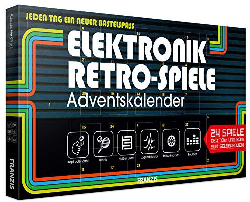 Franzis 67083 Elektronik Retro Spiele Adventskalender 2019 | 24 Spiele der 70er und 80er zum Selberbauen ohne Löten | Jeden Tag ein neuer Bastelspaß | Ab 14 Jahren