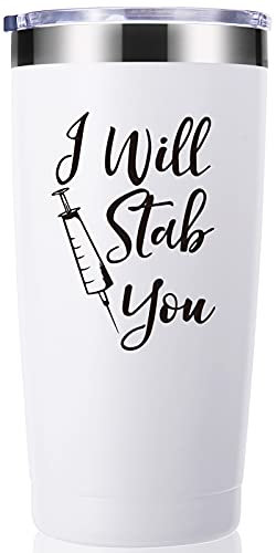 momocici Gobelet de 591 ml avec inscription « I Will Stab You » - Cadeau amusant pour infirmière, infirmière, remise de diplôme - Tasse de voyage pour infirmière praticienne - Blanc