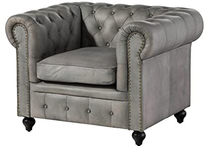 MASSIVMOEBEL24.DE | Chesterfield Sessel aus Echtleder #202 | aus echtem Büffel-Leder - Grau | 105x82x75 cm | mit Nieten | Lounge-Sessel Sofasessel Relaxsessel