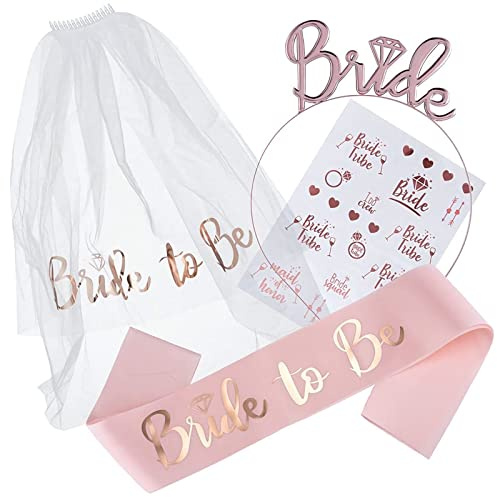 xulin Bride to Be Sash, Hen Party Accessories, Include Sash, Tiara, Hen Tattoo & Bride Veil with Comb on Hen Do Party, Bridal Shower, Bachelorette Party, Hen Party Games,Wedding,Hen Party Decor