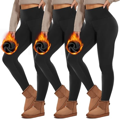 HIPOWER Lot de 3 leggings thermiques pour femmes avec poches, doublés, taille haute, en molleton, thermiques, opaques, noires, pour le sport, la course, la yoga, sous-vêtements thermiques, pantalons