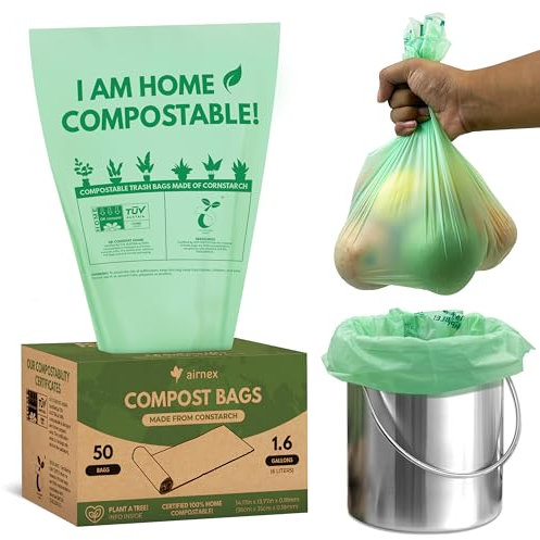 AIRNEX Lot de 50 petits sacs à compost pour poubelle de comptoir de 5,2 l – Sacs à compost en fécule de maïs – Sacs compostables étanches et résistants aux déchirures pour poubelle de cuisine –