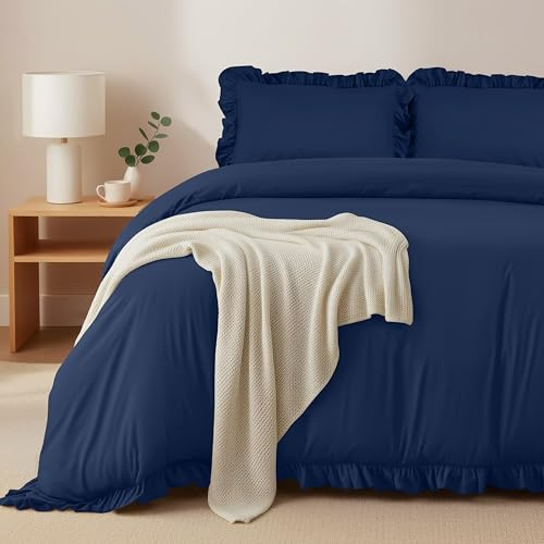 Utopia Bedding Copripiumino a Volant Una Piazza e Mezza 200x200cm, Blu Navy | Microfibra Copripiumino 200x200cm + 2 Federe 50x75cm
