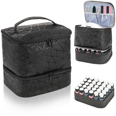 ZOOFOX Nail Polish Organizer Case, Double-Layer Nail Polish Carrying Bag with Handle, PU Leather Nail Organizers and Storage Bag for Manicure Accessories, Black