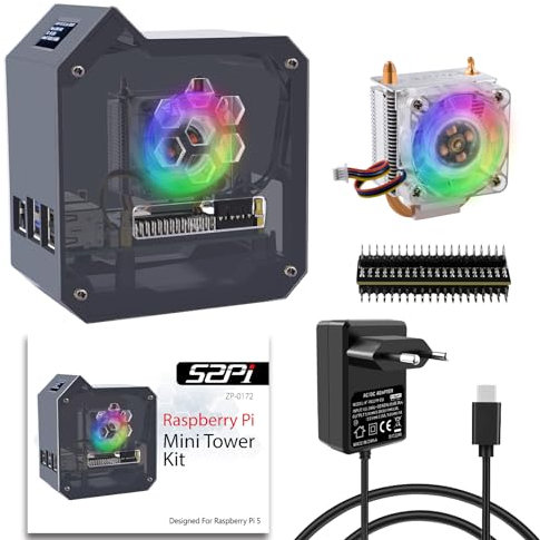 GeeekPi Mini Tower Kit con alimentatore PD da 27 W per Raspberry Pi 5, Raspberry Pi 5 con refrigeratore attivo ICE Tower Cooler Active da 5,1 V, 5 A, alimentatore USB C, modulo OLED da 0,96 per