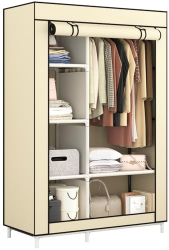 Calmootey Portable Closet Organizers, Clothing Storage, Wardrobe with 6 Shelves and Hanging Rod, Non-Woven Fabric Cover with 4 Side Pockets, Beige