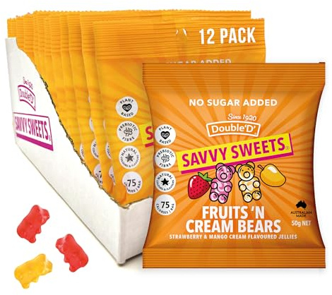 SAVVY Sweets Fruits & Cream Bears— Low Sugar, High Fibre, All Natural, Prebiotic | Vegan, Gluten-Free | 75 Calories | 12-Pack