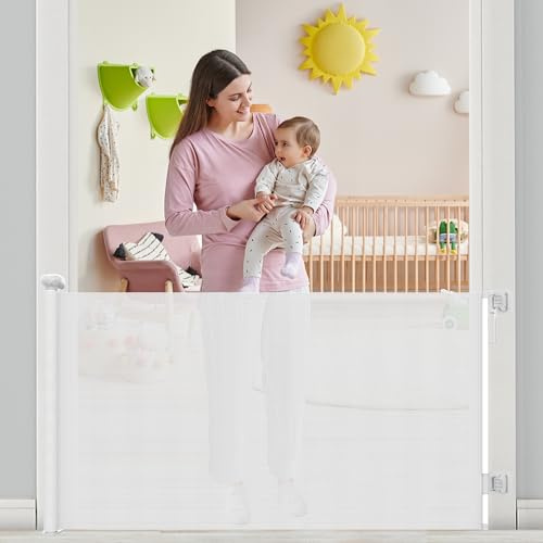 The Lychee Tree Retractable Stair Gate Extend upto 55” wide and 33.86” Tall | Baby Gate with Drilling and Non-Drilling Accessories, One Handed Silent Operation White Dog Gate for Stairways/Indoor/Outdoor