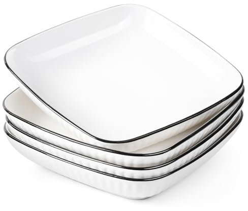 NUTRIUPS 18.8cm Quadratische Nudelteller 4er Set, 700ML Kleine Pastateller, 7.5'' Keramik Pastateller, Weiße Spaghetti Teller für die Küche - Mikrowellen & Spülmaschinenfest
