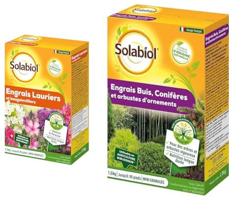 SOLABIOL Engrais Lauriers et Bougainvilliers - 1,5 Kg - 100% Organique - Action Longue Durée & Engrais Conifères et Arbustes d'ornement - 1,5 Kg - 100% Organique