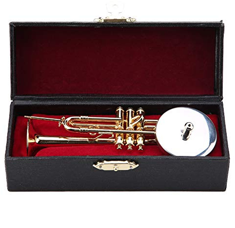 Trumpet Miniatyr Trumpetare 14×6×5 Miniatyr Trumpet Replika med Stativ och Fodral Pläterad Instrument Modell Musikaliska Ornament Liten Leksak Trumpet Modell