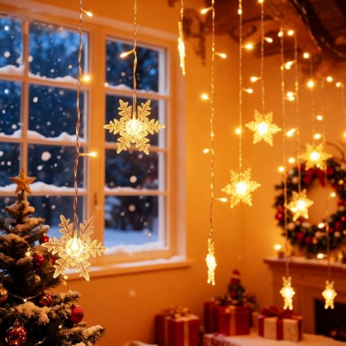 Cortina Luces Copo de Nieve, 94 LED Navidad Guirnaldas 8 Modos Iluminación Luz Decoración Ventanas Balcón Boda Patio