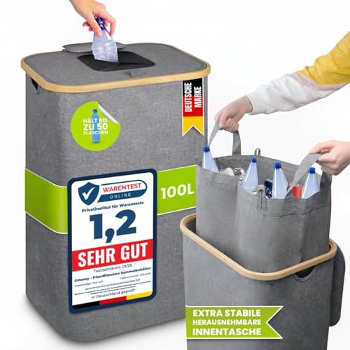 Pfandflaschen Sammelbehälter - Extrem praktischer & stilvoller Leergut Organizer mit großer Einwurföffnung, Tragetasche & Innenfach - Ideale Pfandbox aus recyceltem Material I Grau