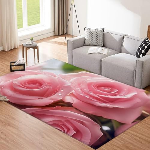CEDNXOER Waschbarer Teppiche Rosa Wohnzimmer Schlafzimmer 160×230cm,Anti-Rutsch Unterseite,Flauschig Weich Teppiche Rosa Rose Kurzflor Teppich,Anti-Rutsch Unterseite,Blumen Flauschig Weich Teppiche