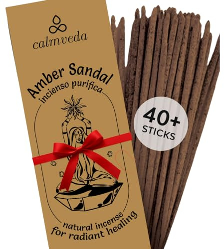 Bastoncini di incenso in resina e ambra di sandalo – (40+ bastoncini, 22,9 cm), spessi bastoncini di incenso in ambra naturale realizzati in resine, puliti senza carbone, resinosi caldi – aroma dolce