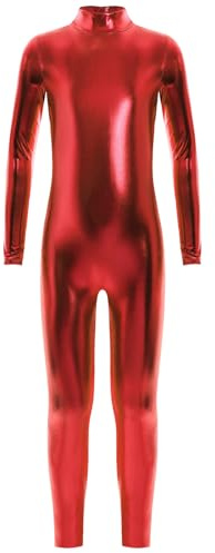 Sinleey Kids Boys Girls Shiny Metallic Long Sleeve Ballet Dance Unitard One Piece Jumpsuit Full Length Leotard Red 6-8 Years