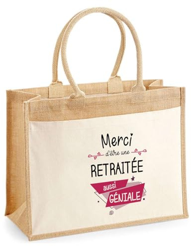 Planetee Cabas jute avec poche Merci Retraitée Géniale I Sac de shopping avec grande pochette avant Fête des Mères Idée Cadeau